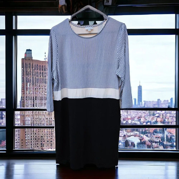 J JILL Striped Color Block Tunic Dress Shift Blue White Black Small Pullover - Picture 1 of 6